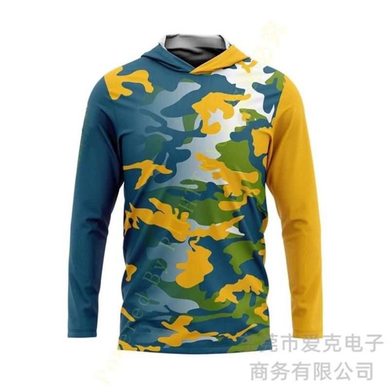 Mens Quick-Dry Long Sleeve Fishing Jacket With Hood Camouflage UV Protection Outdoor Sport Wear
