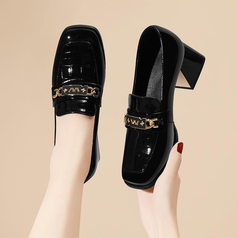 Black loafers women's shoes thick heel spring new women's British style single shoes high
