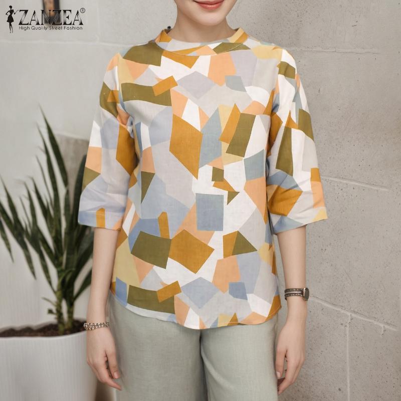 ZANZEA Women Casual Round Neck Loose Half Sleeve Print Blouse