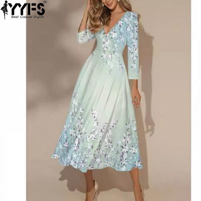 Mode femme été printemps motif floral imprimé manches 3/4 col en v taille haute robes décontractées