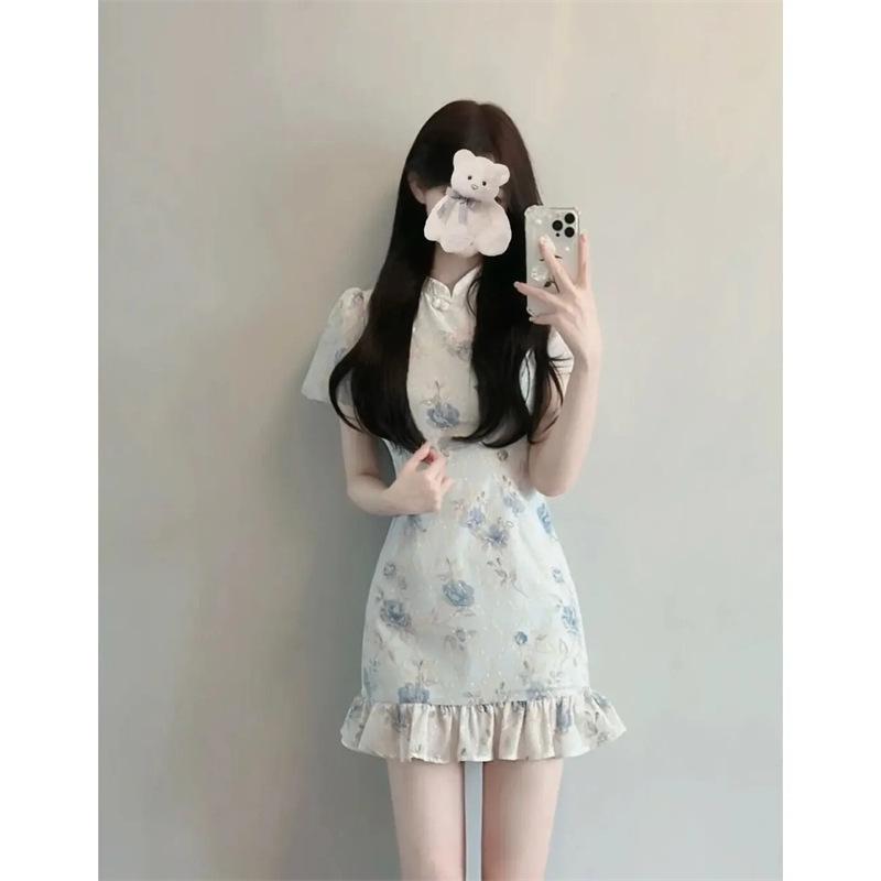 Vylepšená květinová sukně čínského oděvu - Letní čínský styl, Elegantní šaty s definovaným pasem