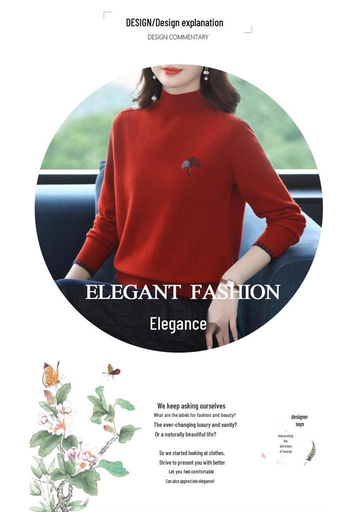 Women's Pure Wool Half-High Collar Knit Sweater - Stylish, Warm, Age-Reducing Pullover for Autumn and Winter