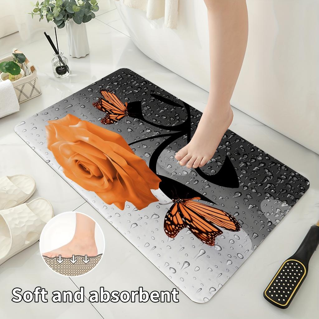 4pcss Orange Raining Roses Butterfly Shower Curtain 4pcs Set, Waterproof Fabric Shower Curtain, Toilet Cover Mat, Shower Mat, 12 Hooks, 71*71 Inch