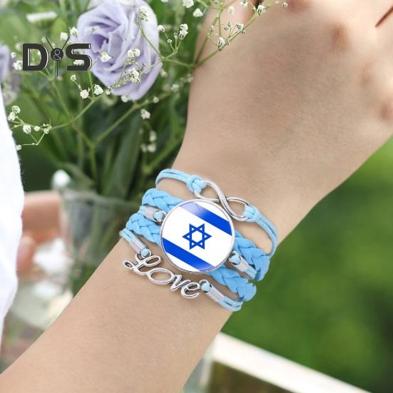 Round Israel Flag Decor Bracelet Multi Layer Adjustable Handmade Bracelet Metal Letter Decor Faux Leather Wristband Jewelry Gift