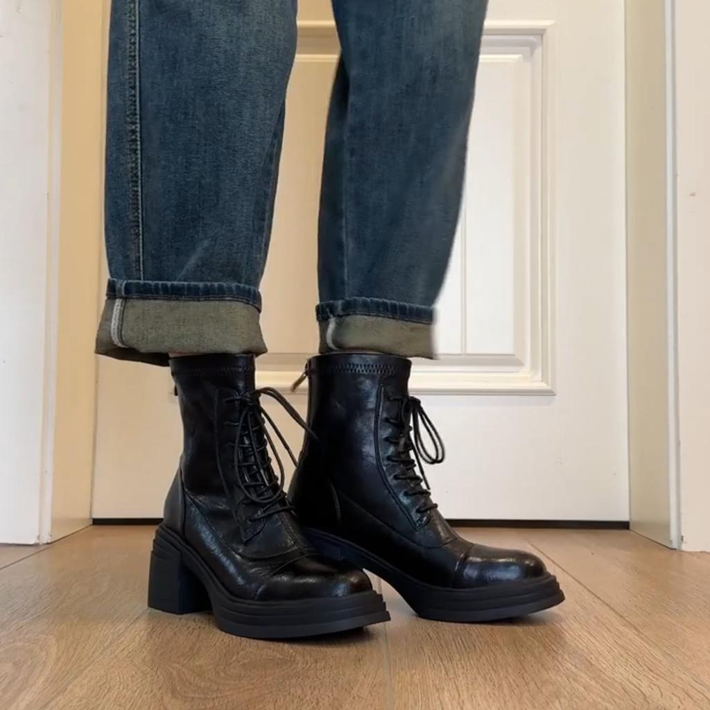 Blaue Schrank-Edition~ High Heel Dicke Sohle Vielseitiges Temperament Martin Stiefel Damen Weiches Leder Wasserdicht Tisch Schnürung Seitlicher Reißverschluss Elastisch Sh