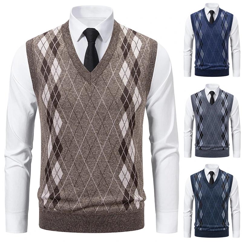 Men's Knitted Warm Sweater In Autumn and Winter V-neck Vest Diamond Grid Twisted Flower Casual Fashion Versatile Top