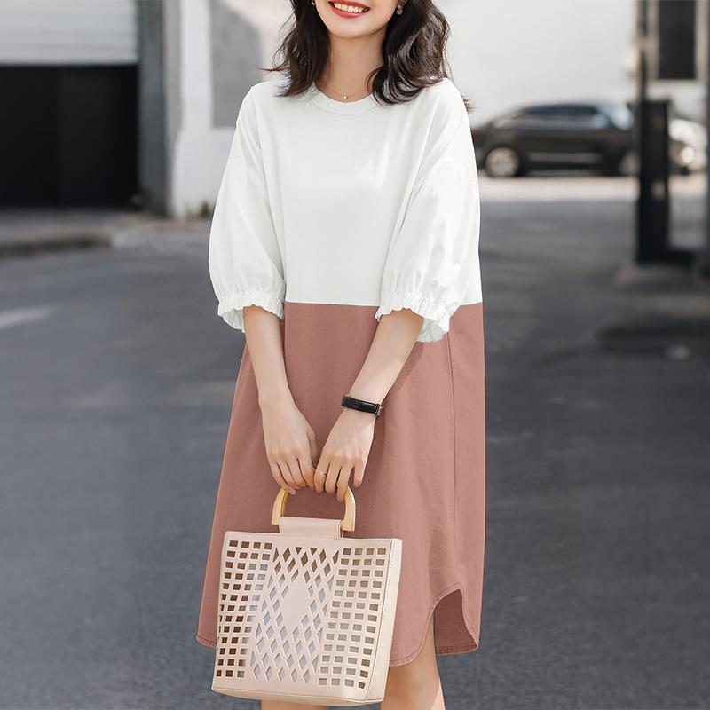 ZANZEA Women Round Neck 3/4 Sleeve Loose Patchwork Summer Dress