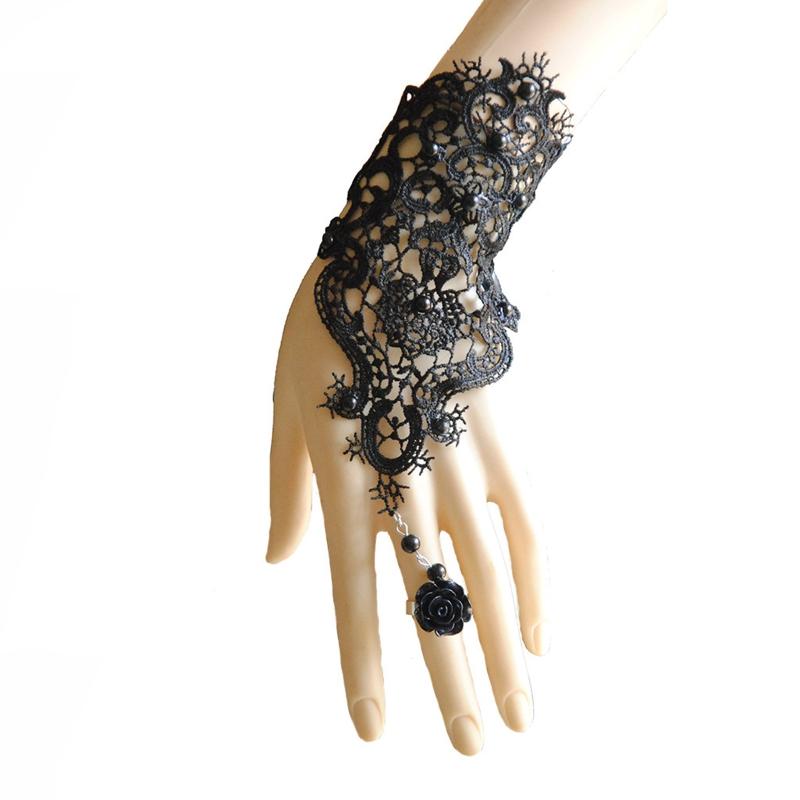 2colors Women Rose Beads Flower Lace Gloves Goth Style Adjustable with Ring Long Bracelet Wedding Bridal Accessories