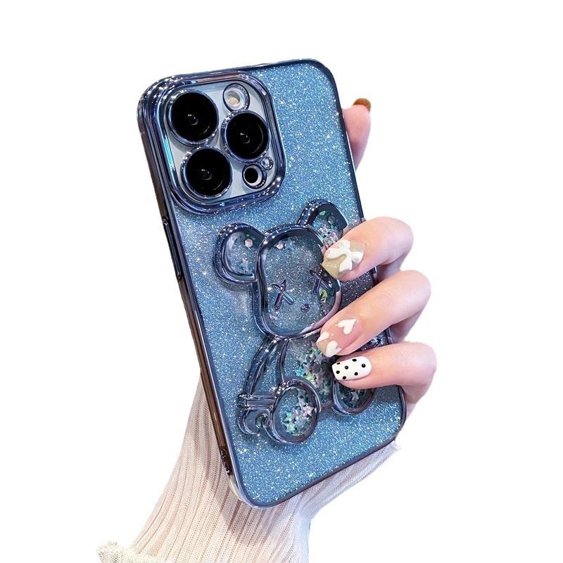 Electroplating quicksand violent bear is suitable for iPhone17 mobile phone case with glass lens film Apple 16 transparent soft case