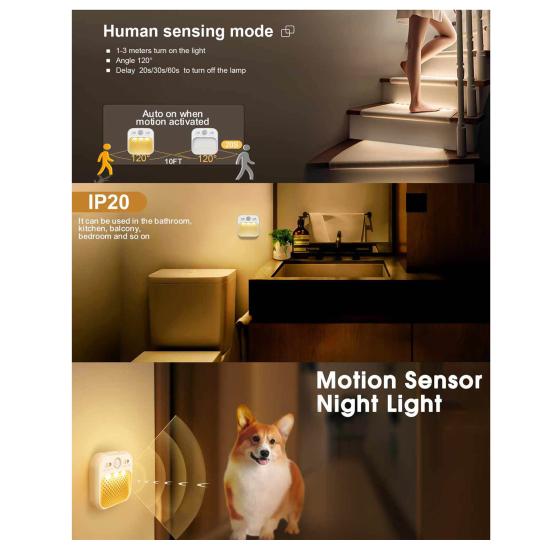 LED Night Light with Motion Sensor Angle Wide Sensing Angle Soft Glow Auto On/Off Rechargeable USB Night Light with 3 Modes