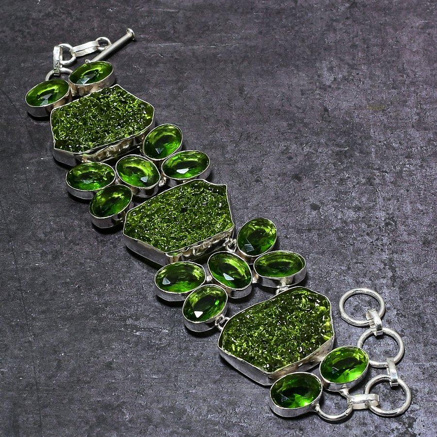 Moldavitový křemen, Peridotový drahokam Náramek ze stříbra ryzosti 925 7-8"