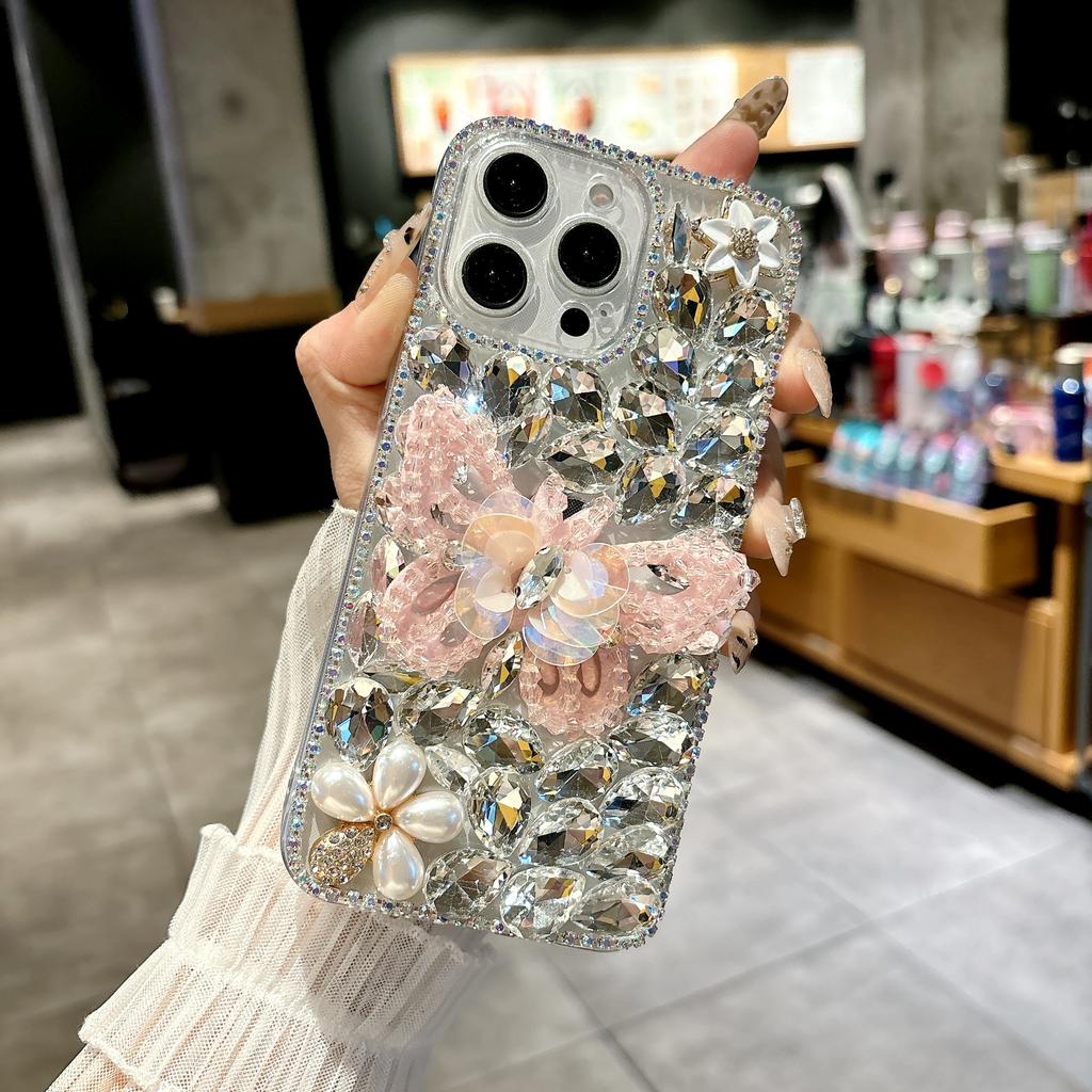 For iPhone 15 Pro Case Glass Rhinestone Decor Butterfly Pattern TPU Phone Back Cover