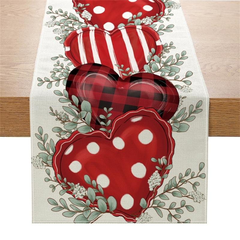 Valentines Day Linen Table Runner Wedding Decoration Heart Gnome Couple Table Runner Tablecloth for Dining Table Decor