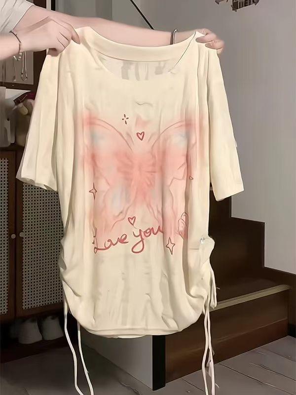 

Женские футболки с принтом бабочек на кулиске, в американском стиле, милые, женственные, свободные, с шарфом, летние, повседневные, с круглым вырезом, женский топ XL