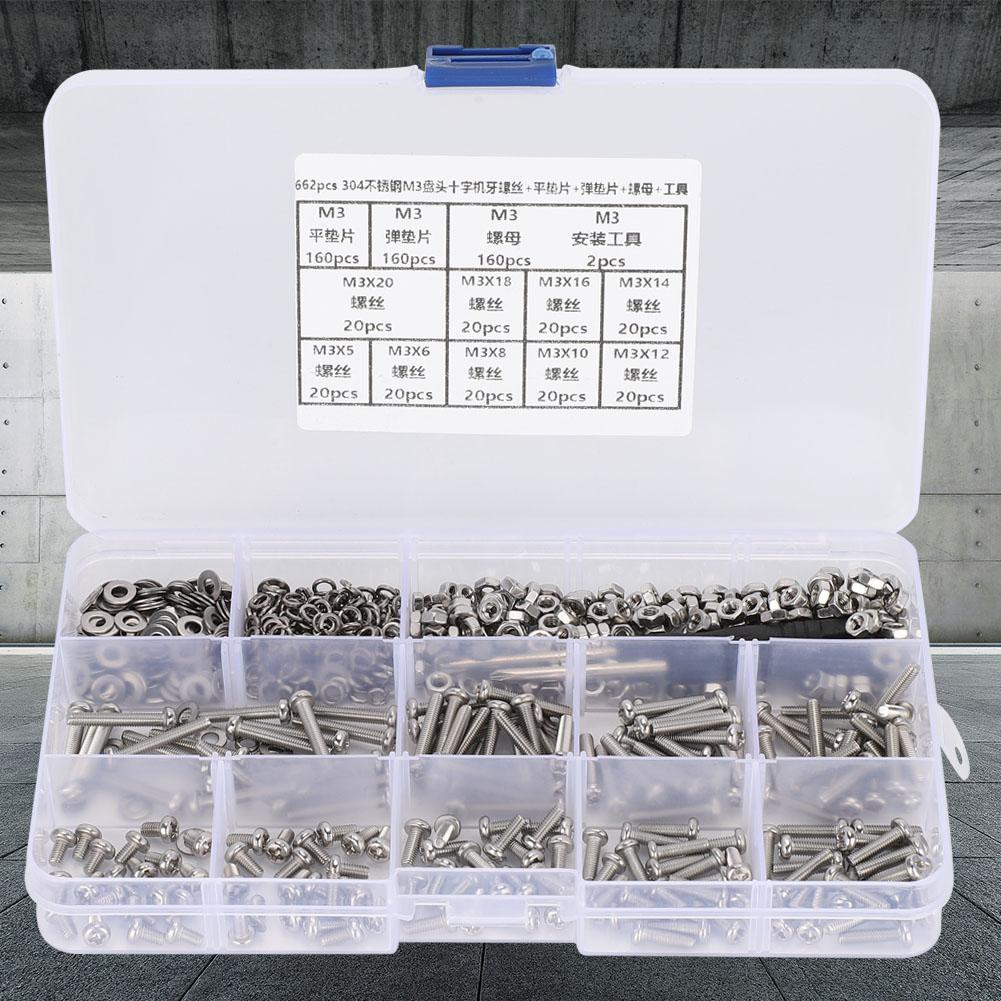 662PCS DIY Combination Set M3 Pan Head Cross Machine Screw+Flat Elastic Washer+Nut