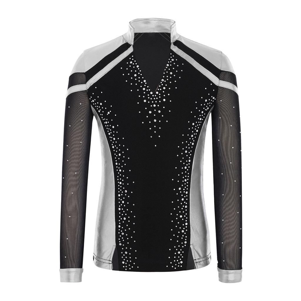 Boys V Neck Long Sleeve Shiny Metallic Color Block Figure Skating Top