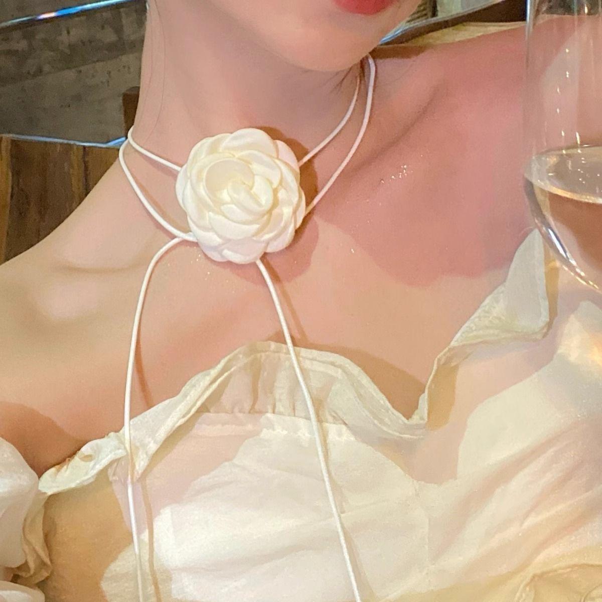 

Versatile Camellia Ribbon Choker Necklace for Women - High-end Rose Leather Rope Collar