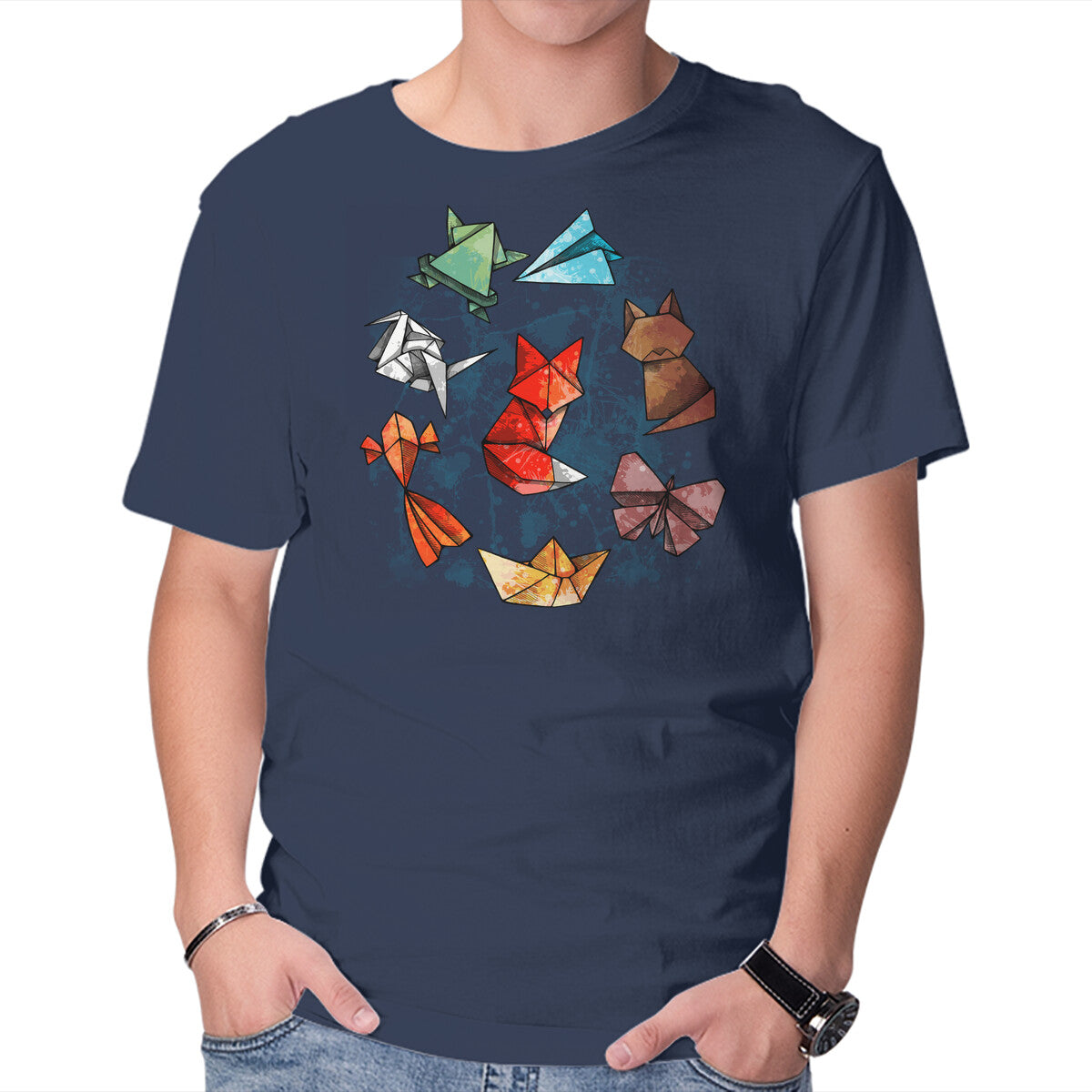 Unisex Crew Neck T-Shirt Origami Animals Graphic Short Sleeve Casual Tee S