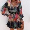 New Long Sleeved V-neck Fashion Print Waist Wrap Dress