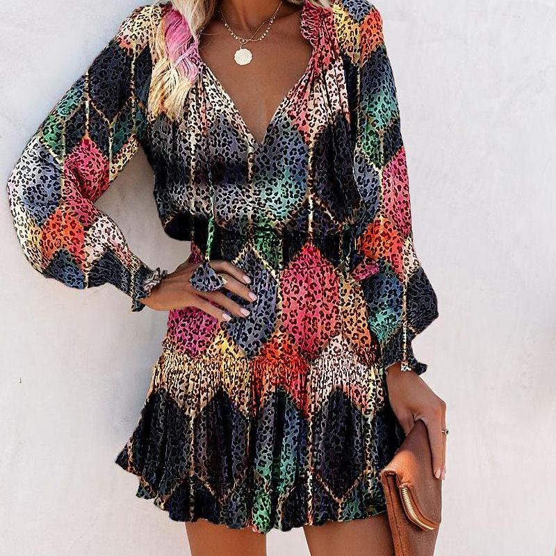 New Long Sleeved V-neck Fashion Print Waist Wrap Dress