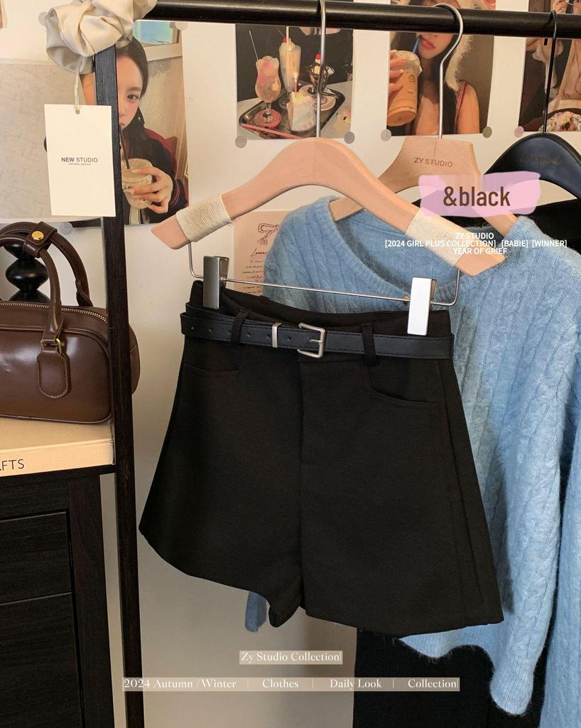 Gray Wool Blend High-Waisted Wide-Leg Shorts for Women - Autumn/Winter Versatile Outerwear