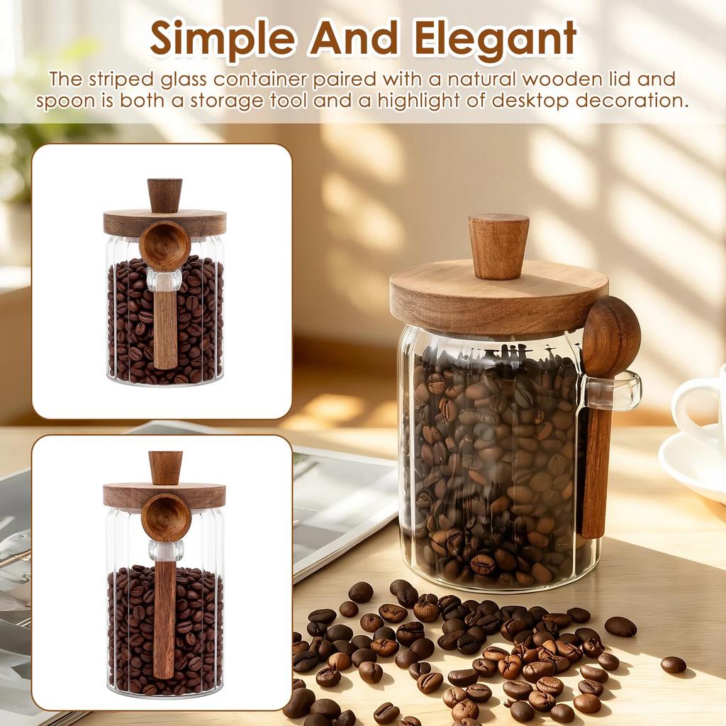 Airtight Glass Jars with Wooden Lid and Spoon Transparent Multipurpose Moisture-proof Coffee Food Storage Jar for Spices Beans