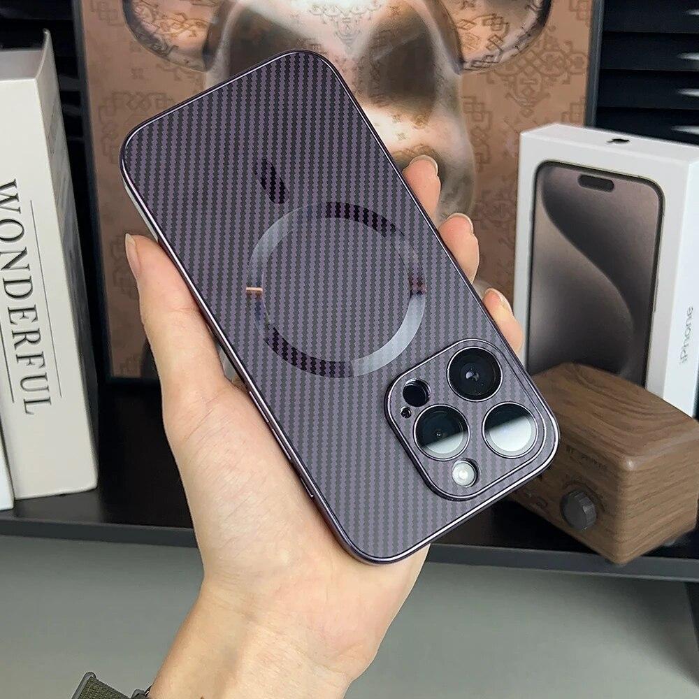 Luxury Carbon Fiber Texture Plating Case for IPhone 15 14 13 12 Pro Max for Magsafe Wireless Charging Magnetic Shockproof Cover