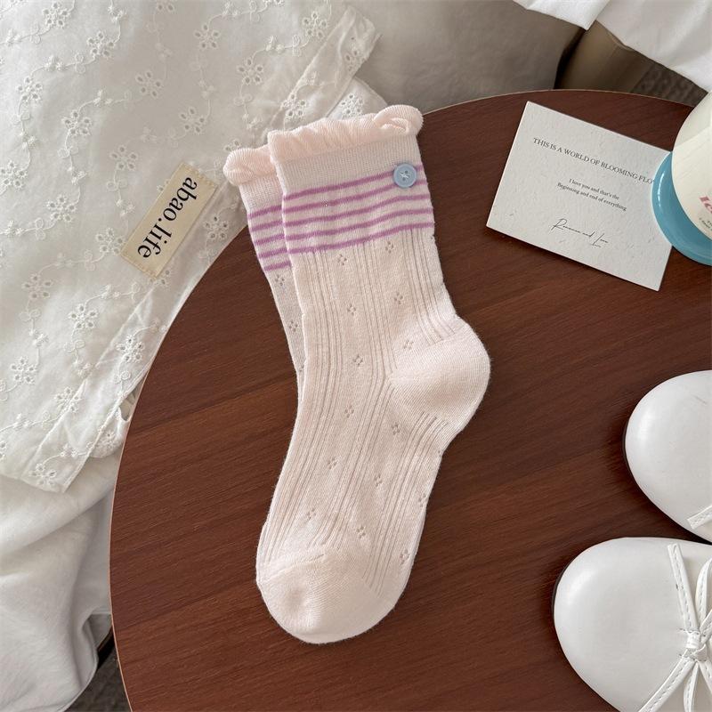 

Spring and Summer Lightweight Socks - Children s Lace Buttoned Striped Mid-Calf Socks with Open Mesh and Four-Leaf Clover Patterned Toe-Up Socks 1 pair розовый