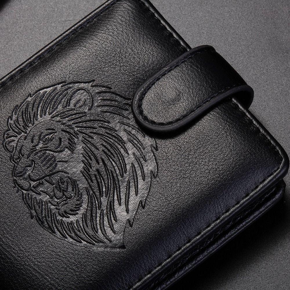 New PU Leather Retro Men's Wallet Black Coffee 3D Embossed Multiple Pockets Two-Fold Lion's Head Coin Purse Credit Card