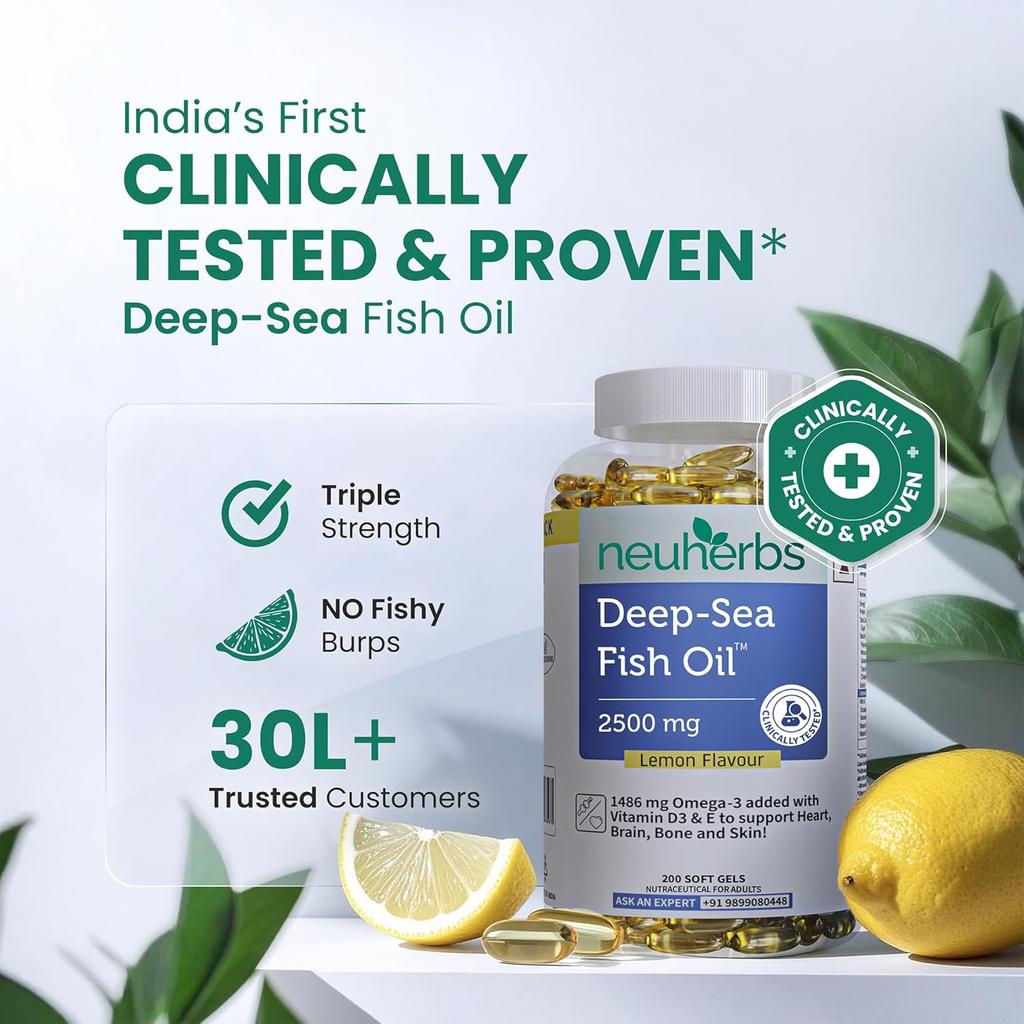 Neuherbs Deep Sea Omega 3 Fish Oil Capsules Triple Strength High EPA DHA Softgels for Muscle Joint and Brain Support 200 Capsules