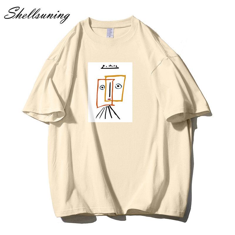 Shellsuning Cartoon Printing T-shirt Women Summer Fashion Casual Simple Short Sleeve 100% Cotton Soft Tees Female Oversized Basic Couple Tops