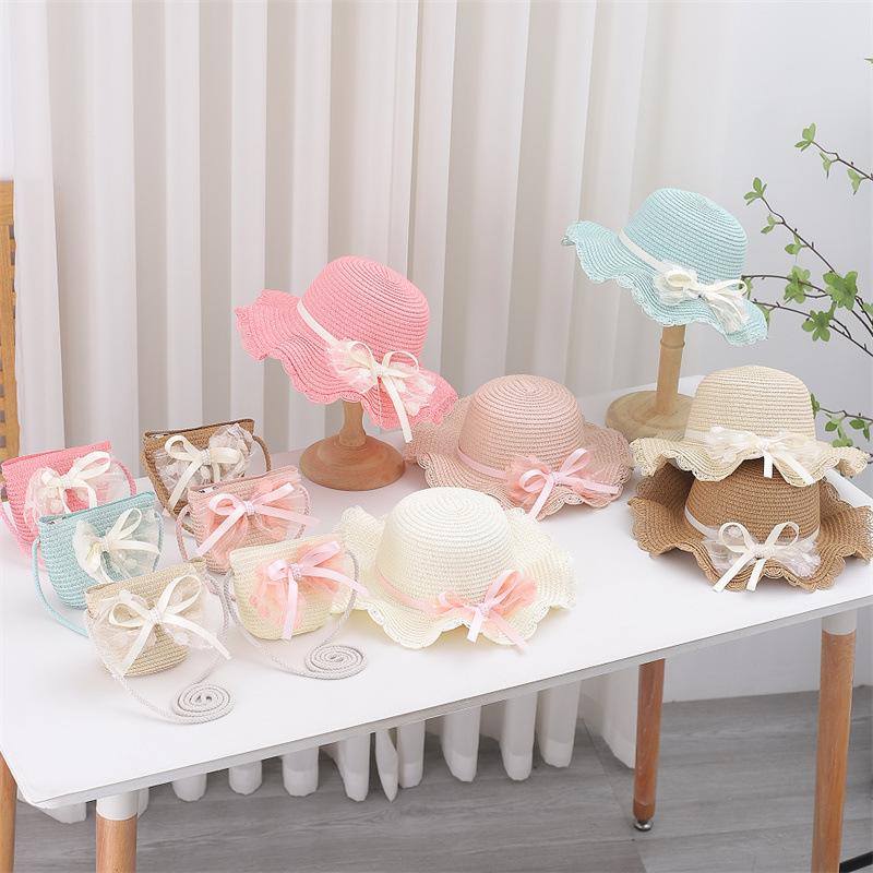 Kid Baby 2 Pieces Set Straw Hat and Handbag Summer Little Girl Children Bowknot Sun Cap Panama For Outdoor Beach Party Holiday