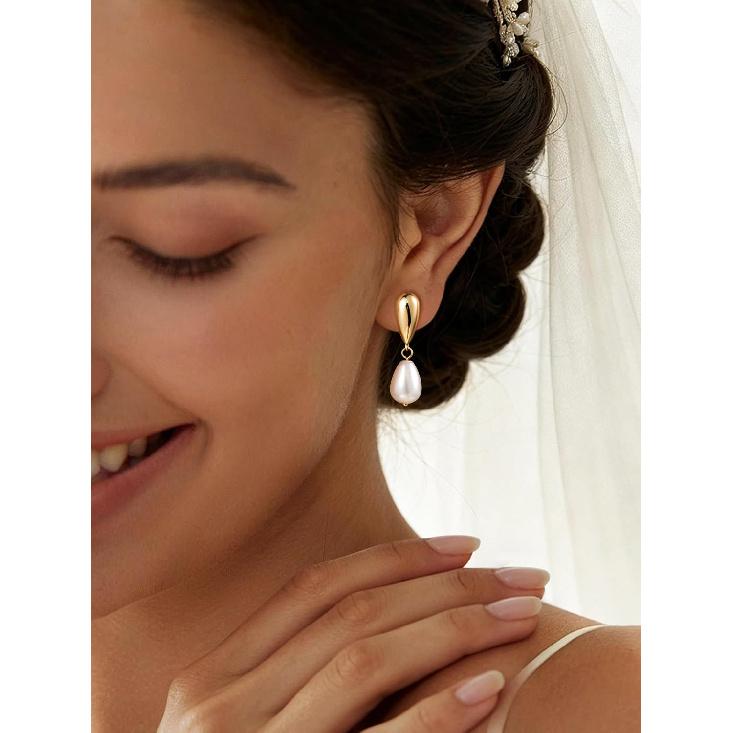 Pearl Drop Earrings 14K Gold Plated Dainty Bridesmaid Jewelry Gift