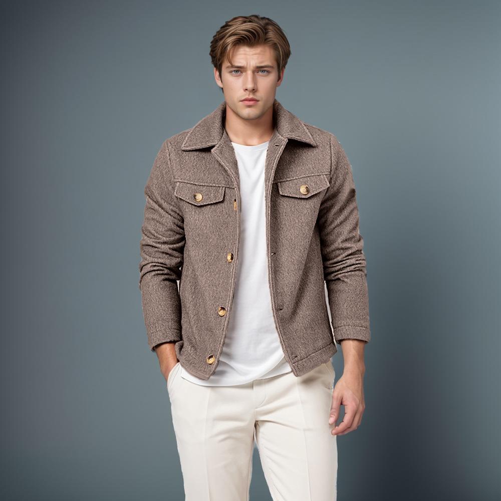 New Autumn and Winter Men's Trendy Fashionable Woolen Jacket Single-breasted Solid Color Jacket
