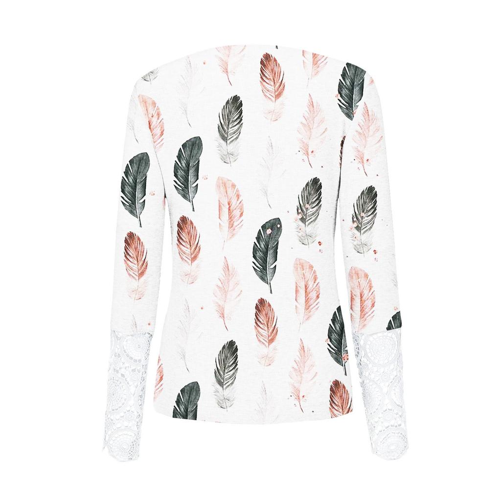 Womens Fashion Lace Long Sleeve Hole Strip Slim Round Neck Button Print Pullover Women's T-Shirt