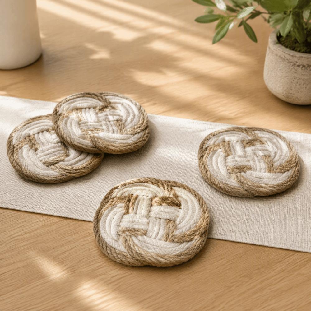 4pcs Braided Design Woven Drink Coasters Round Shape Cotton Coasters For Daily Household Use