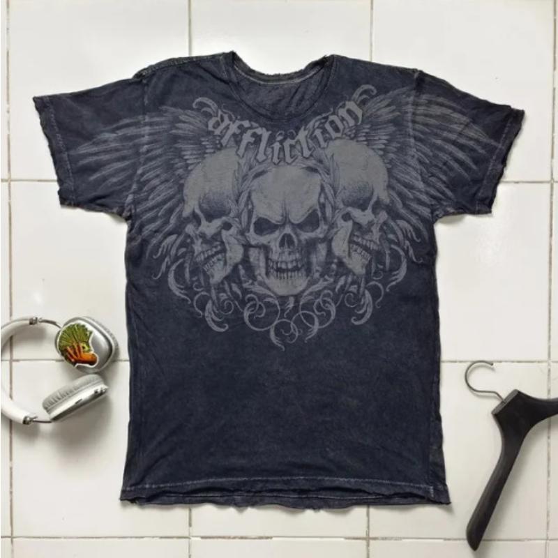 3D-gedrucktes Amerikanisches Retro Goth Y2K Affliction Stil Streetwear T-Shirt Gothic Totenkopf Kreuz Print Trendige Grafik T-Shirts Herrenbekleidung