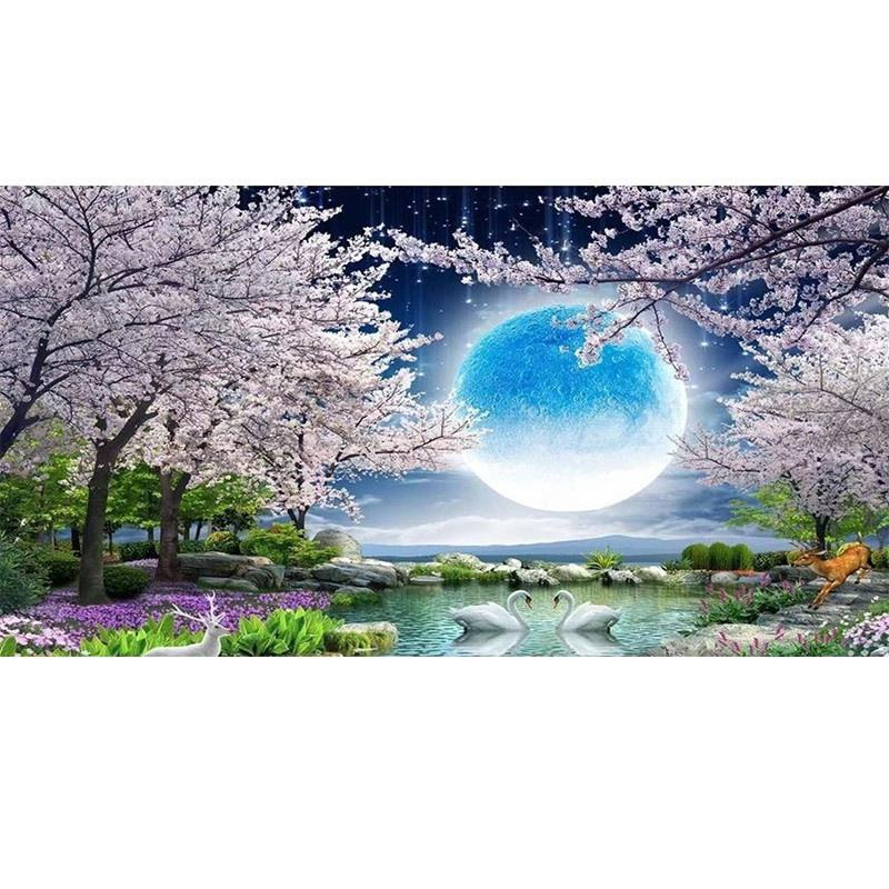 

5D DIY Алмазная картина Романтический лунный свет Цветок Дерево Пейзаж Настенная живопись Вышивка крестом Гостиная Спальня Домашний декор Full Round 20x40CM