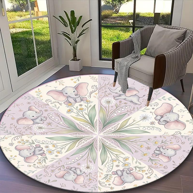 1pc Cute Pink Elephants Gray Elephant Rug, Comfortable Printed Home Round Carpet, Cozy Office Chair Rug