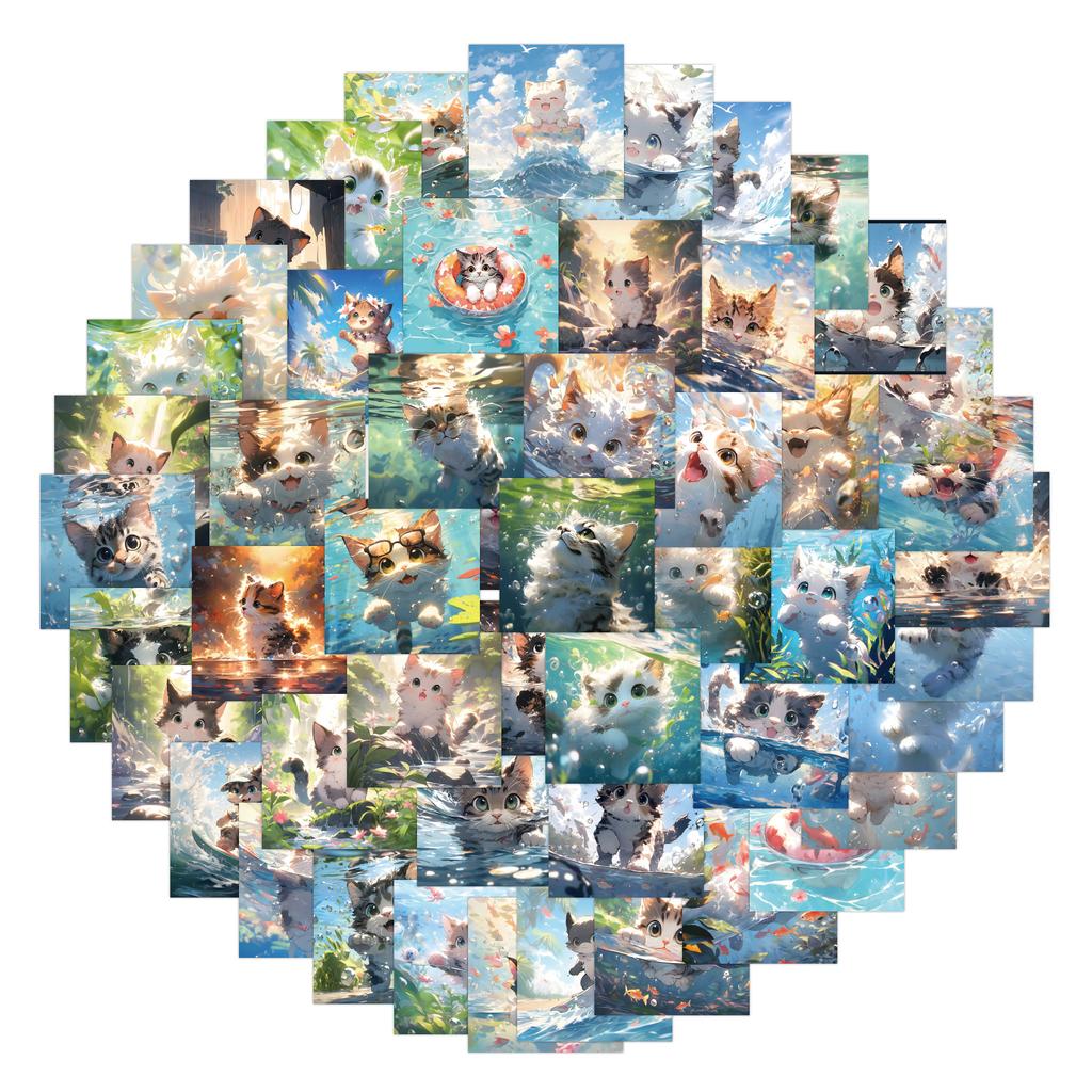 60 Cute Cat Stickers Comic Style Cats with High Appearance Playing Water Kitten Water Cup Stickers