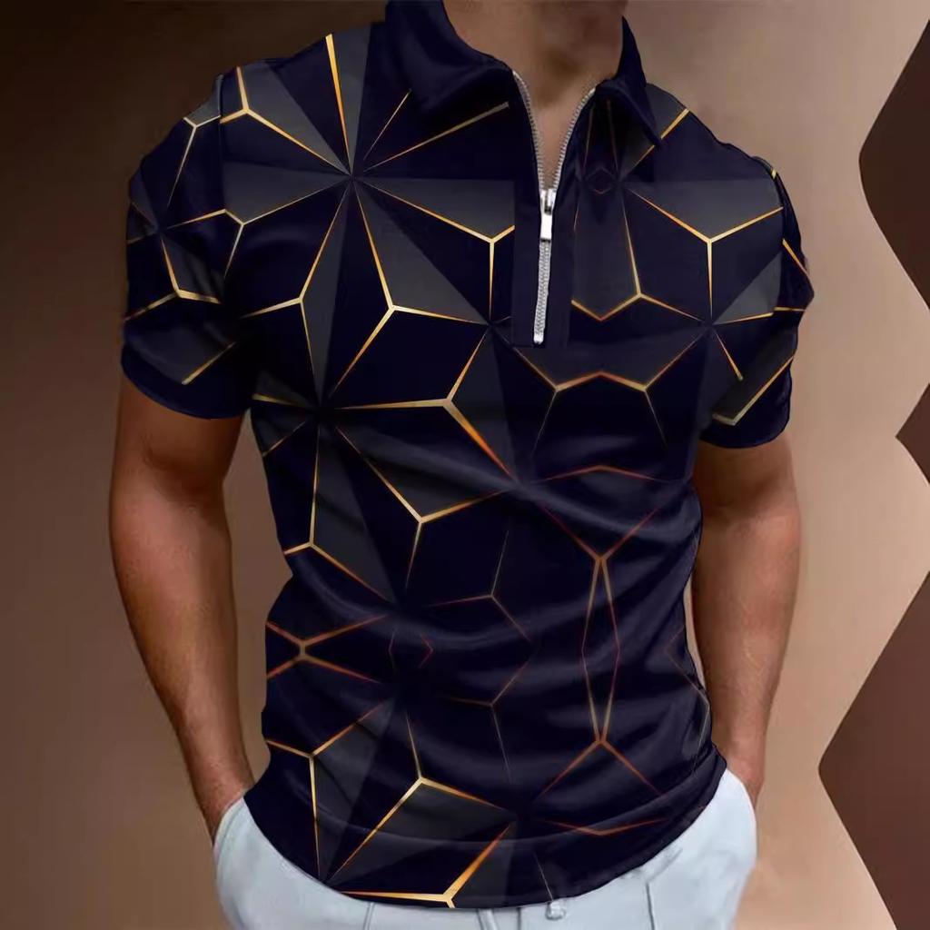 Trendy Geometric Print Short Sleeve Half-Zip Polo Shirt
