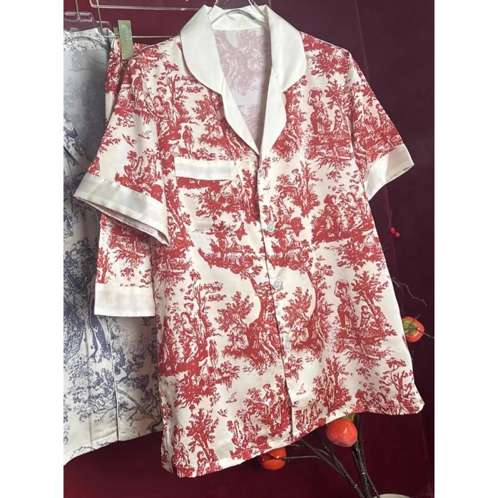 Chinese Style Printed Red Women's Pajamas Short-sleeved Shorts Imitation Silk House Clothes Summer Women's Casual Casual