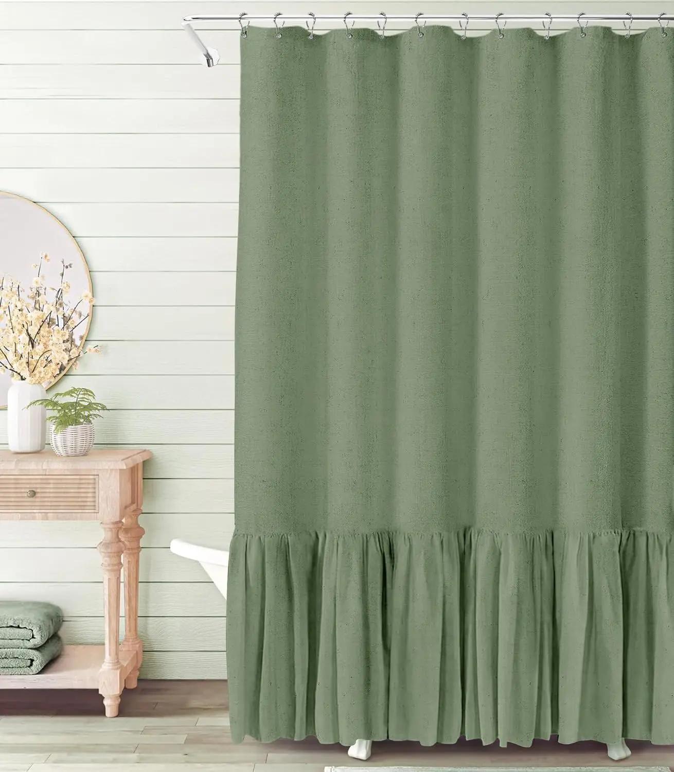 

Однотонная хлопково-льняная шторка для душа с 12 крючками, водонепроницаемая, с цветочным принтом, оборкой, фестонами по краю, декор для ванной комнаты, туалета 91x183cm