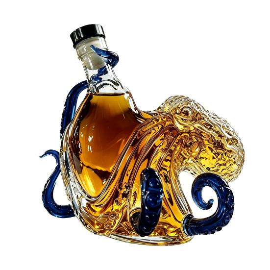 Yousheng Octopus Shaped Whiskey Decanter, 3D Blown Glass Wine Bottle with Stopper, 400ml Handmade Lead-Free Barware, Creative Bar Decor Gift for