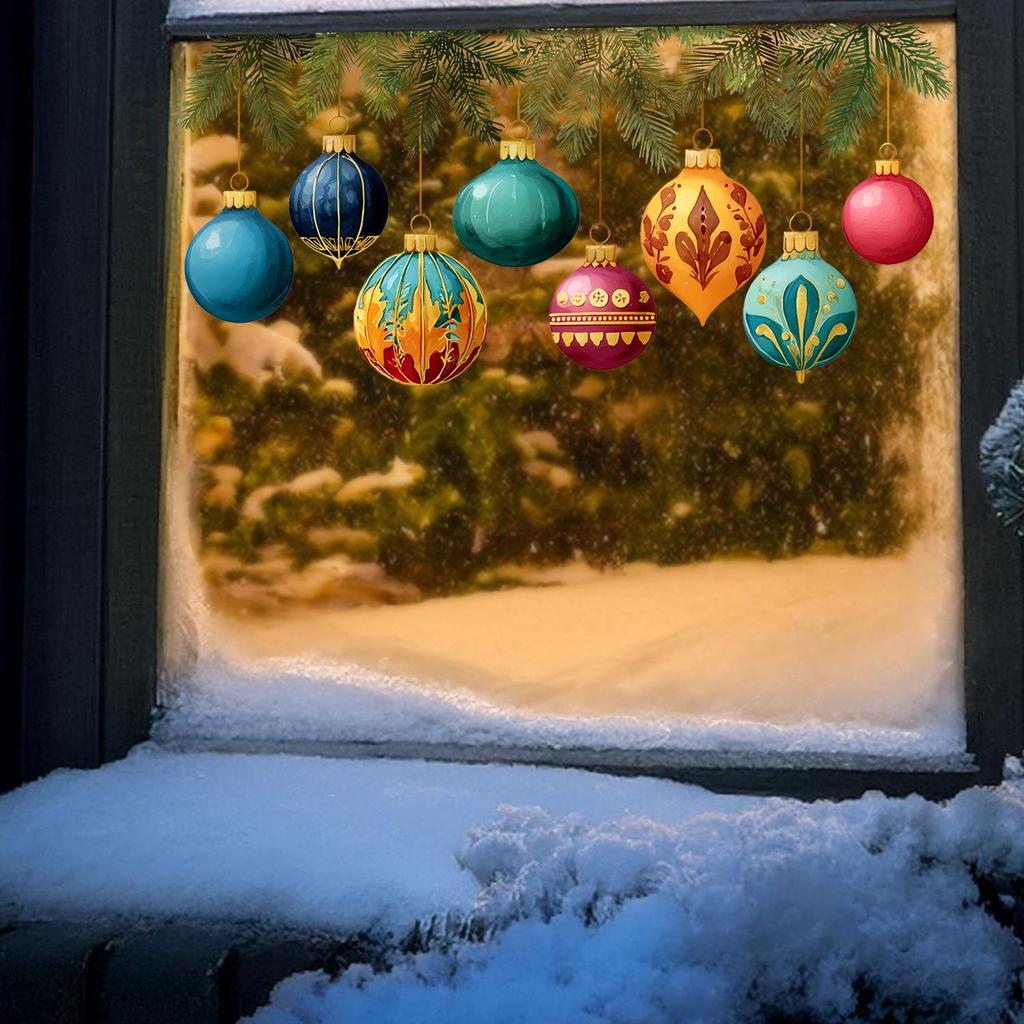 Christmas Color Ball and Pine Branch Electrostatic Window Stickers - Snow Scene Decoration