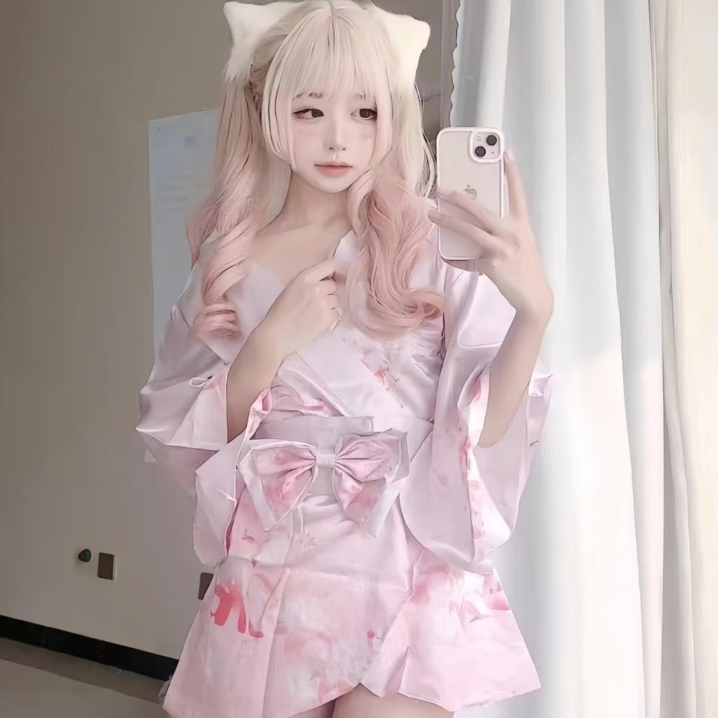 Pure desire temptation women's erotic underwear sexy deep V flower fox dream two-dimensional open placket kimono uniform suit