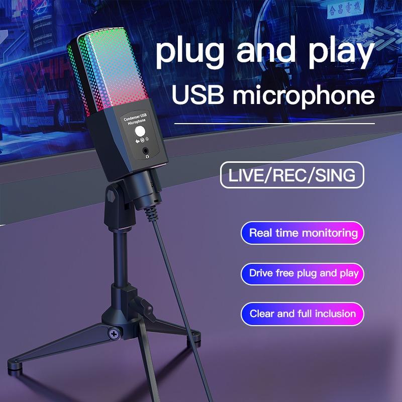Professional RGB Condenser USB Microphone for PC/Laptop - Gaming Mic with Mute Button, Headphone Jack, Noise Cancellation for Streaming & Podcasting