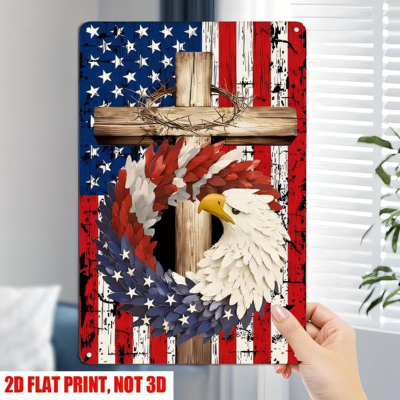 Tin Sign American Flag Bald Eagle Cross Vintage Distressed Wood Plank Metal Wall Art Patriotic th of July USA Decorative Plaq