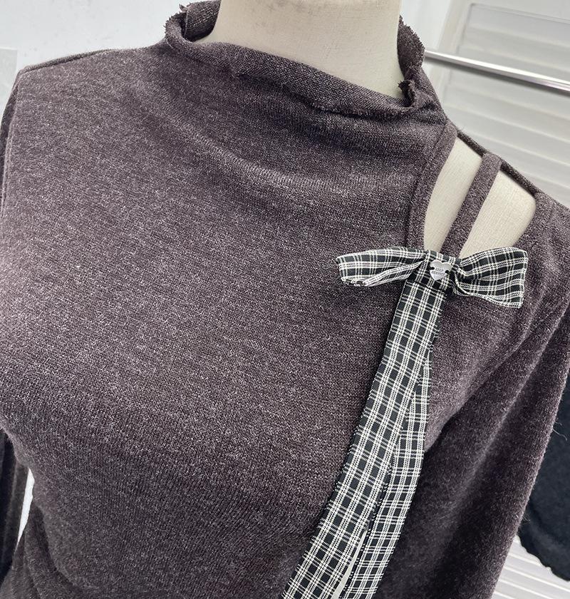 Korean Style Off-Shoulder Bow Slim Fit Long-Sleeve Women's Top