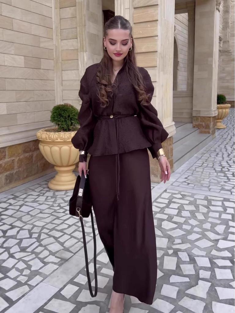 2025 Autumn: Women's V-Neck Long-Sleeve Cardigan & High-Waisted Skirt Set
